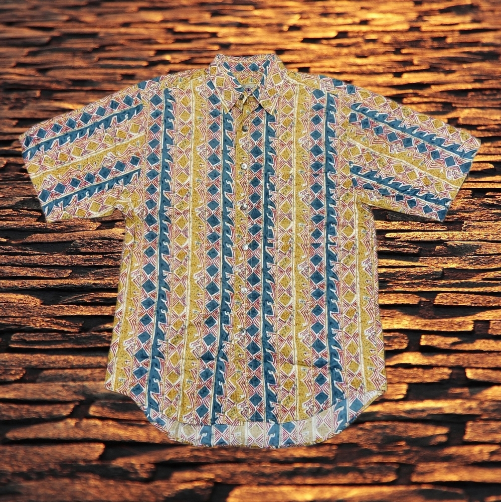 👣 The Territory Ahead Mens Abstract Tribal Button-up Short-Sleeve Shirt Size XL